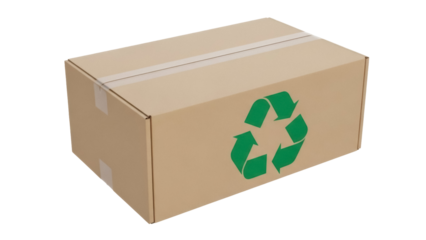 Cardboard box with recycle symbol isolated PNG, eco-friendly packaging for shipping and delivery on transparent background