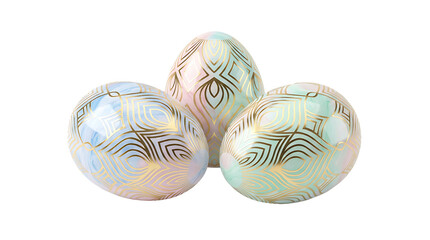 Luxury Iridescent Easter Eggs with Intricate Gold Geometric Patterns and Peacock Feather Design Isolated on White Background