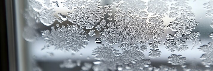 Delicate winter frost patterns on glass creating an icy abstract texture for seasonal backgrounds.