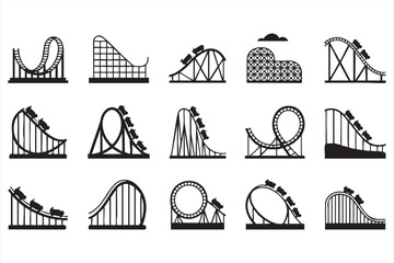 Rollercoaster icons for amusement park branding, thrill ride advertising layouts © MD.sahadat