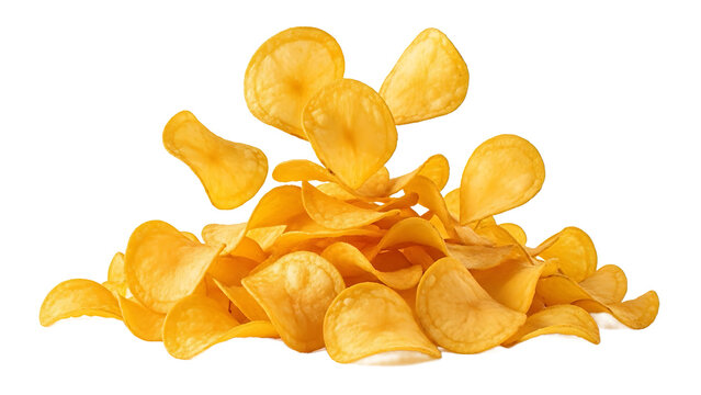 Delicious potato chips flying through the air isolated on white background for snack packaging design