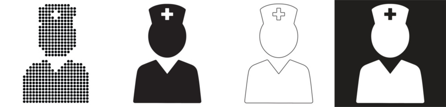 Set of medical professional icons depicting a nurse or doctor in various styles