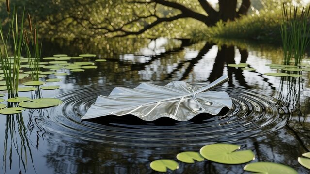 A silvery leaf floats in a pond amongst lily pads  reeds creating ripples Reflections of trees are visible in the dark water