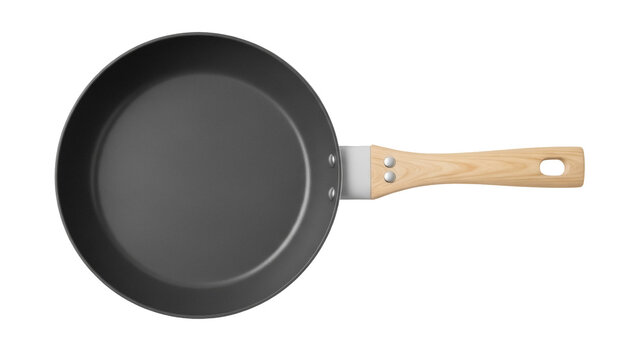 Nonstick frying pan PNG isolated on transparent background, black skillet with wooden handle for cooking and kitchenware design