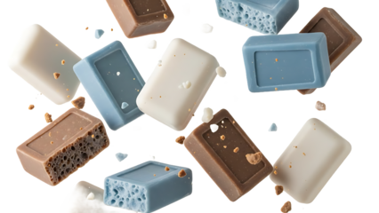 Assorted chocolate bars and pieces falling through the air on white background