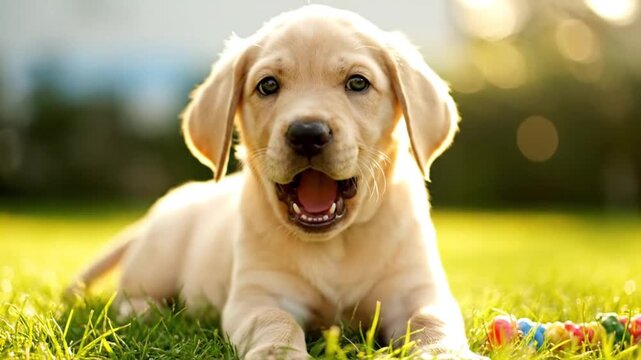 Adorable yellow labrador puppy playing outside in green grass