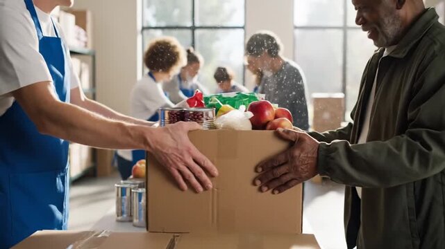 Volunteers packing food boxes for charity, community support, helping needy people