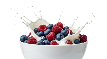 Fresh Blueberries and Raspberries in White Bowl with Dynamic Milk Splash Isolated on White Background