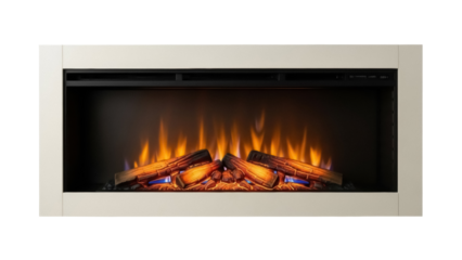 Electric fireplace with realistic flame effect isolated PNG, modern home heating appliance on transparent background, cozy interior decor
