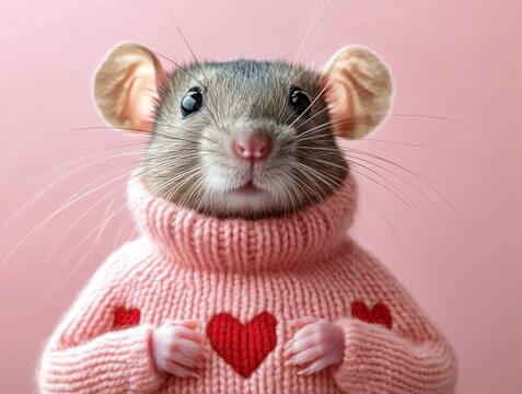 Cute pet rat wearing a pink sweater with heart patterns while looking at the camera indoors