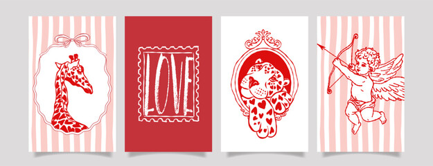 Romantic Valentine card set with hand-drawn sketch illustrations, giraffe, hearted leopard, stamp, bows, heart frames, and cherub Cupid. Cute retro coquette style for , wedding, and holiday design © Tasha