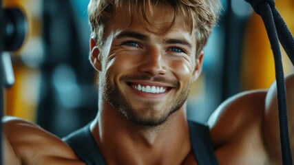 Smiling man shows workout enthusiasm in gym during afternoon session with exercise equipment