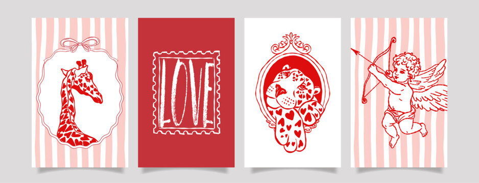 Romantic Valentine card set with hand-drawn sketch illustrations, giraffe, hearted leopard, stamp, bows, heart frames, and cherub Cupid. Cute retro coquette style for , wedding, and holiday design