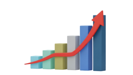 3D bar graph with red arrow isolated PNG, business growth chart on transparent background for financial report and presentation