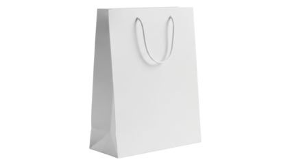 Elegant white paper shopping bag isolated PNG, blank gift bag with rope handles for retail, merchandise, and promotional use