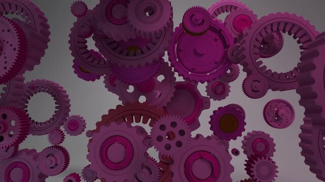 Interconnected gears shaped as a human brain with moving camera between cogs presenting a mechanical vision of artificial intelligence.