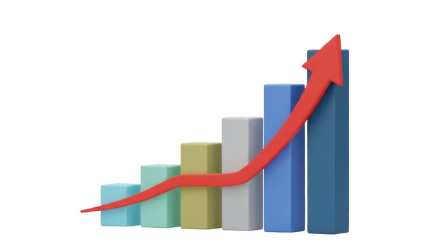 3D bar graph with red arrow isolated PNG, business growth chart on transparent background for financial report and presentation