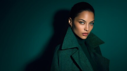 A woman in a green coat is standing in front of a green wall