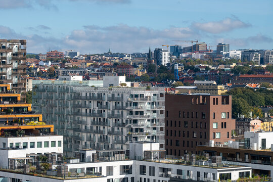 Architecture urban housing residential skyline modern district Oslo Norway Bispevika aerial view of new city development with waterfront access