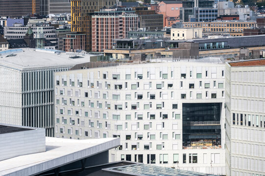 Architecture urban building facade modern offices city Oslo Norway Bispevika aerial view of business blocks and streets in daylight