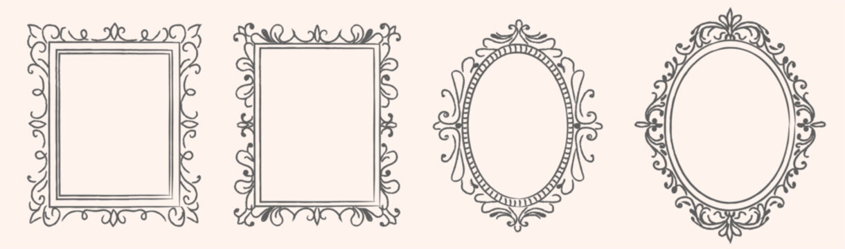White whimsical lace frames and borders set with ornate scrollwork in rectangular and oval shapes. Vintage elegant designs decorated with playful flourishes and curves. Isolated vector illustration.