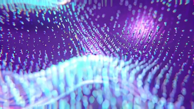 Cinematic 4K HD background, swirling blue sparkling particles dynamic fractal patterns, particles interact, collide reform organically, glowing neon blue light streaks bokeh highlights depth of field
