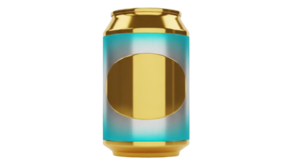 Gold soda can isolated PNG on transparent background, metallic drink container for branding and product mockups, shiny beverage packaging