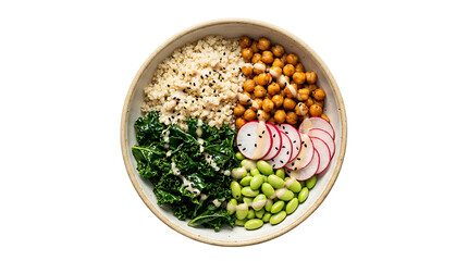 Healthy Vegan Buddha Bowl with Chickpeas Kale Edamame Radish and Brown Rice Isolated on White Background