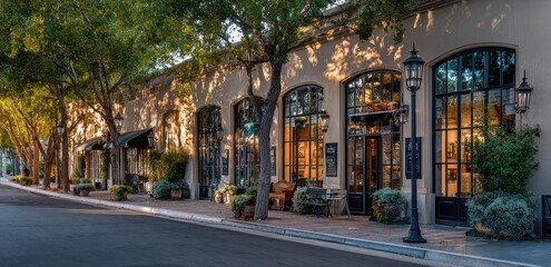 Fototapeta premium Row of luxurious boutique shops lining a peaceful downtown sidewalk.