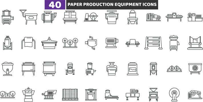 Paper Production Equipment Line Icons Set, Industrial Manufacturing Factory Machine Vector Collection