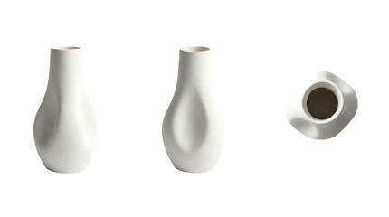 Modern White Ceramic Vase with Organic Indented Design Minimalist Pottery Set Isolated on White Background Three Views