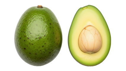 Fresh green avocado and half isolated PNG, healthy fruit with pit on transparent background, nutritious food for vegan diet and cooking