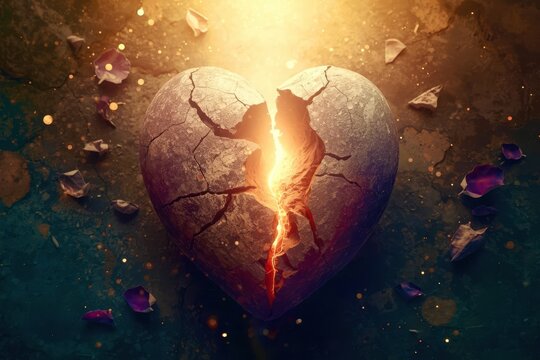 A heart with a large crack in it, surrounded by broken pieces of rock