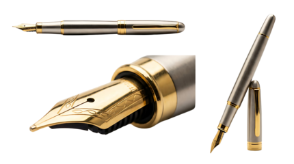 Luxury Silver and Gold Fountain Pen Set Isolated on White Background Macro Nib Detail and Multiple Perspectives