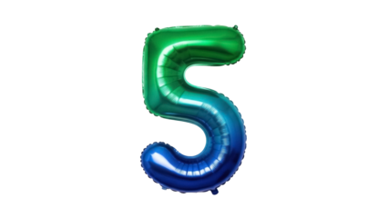 Shiny green and blue number 5 balloon isolated PNG on transparent background, festive party decoration for birthday celebration