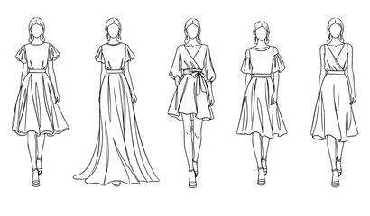 Fototapeta premium Minimal runway fashion girls sketch vector illustration with stylish female models
