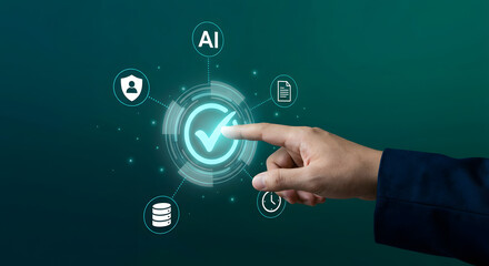 businessman hand touching virtual glowing check mark icon for artificial intelligence validation data security verification system and digital quality control management concept