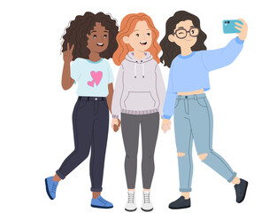 Obraz premium Three Best Friends Taking a Selfie in Casual Wear Illustration