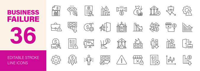 Obraz premium Business failure icon set. Editable line icons. Vector illustration.