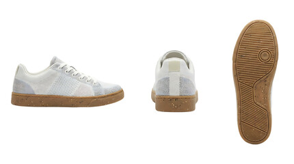 Professional White Sneakers with Brown Gum Soles Featuring Side Back and Sole Views Isolated on White Background