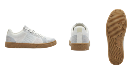 Professional White Sneakers with Brown Gum Soles Featuring Side Back and Sole Views Isolated on White Background
