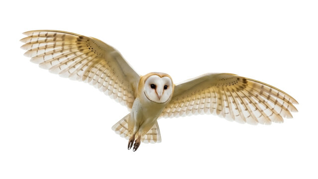 Barn owl flying PNG isolated on transparent background, nocturnal bird of prey with heart-shaped face and outstretched wings, wildlife