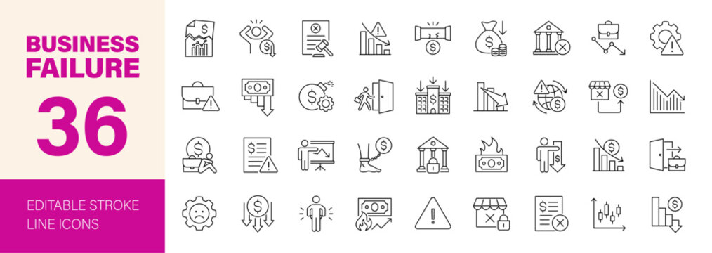 Business failure icon set. Editable line icons. Vector illustration.