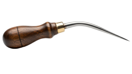 Vintage curved awl with wooden handle isolated on transparent background