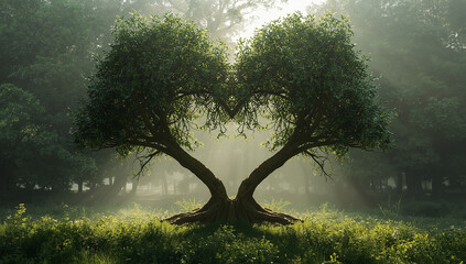 Surreal landscape featuring a large green tree perfectly shaped like a heart in a mystical, foggy forest with sunrays.