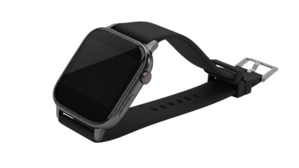 Smartwatch with black strap and screen isolated on transparent background