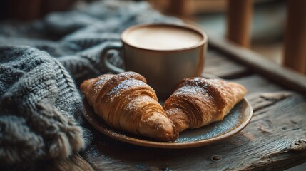 A plate of croissants with powdered sugar on top sits on a wooden table next to 