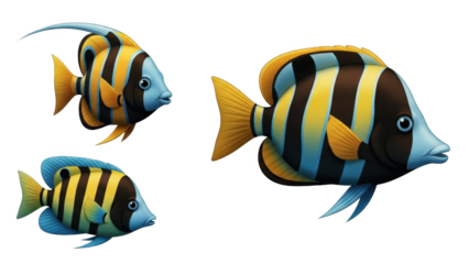 Three fish with yellow, black, and blue stripes isolated on transparent background