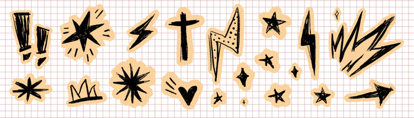 Hand Drawn Doodle Scribble Sticker Set with Abstract Shapes in Paper Retro Collage Style