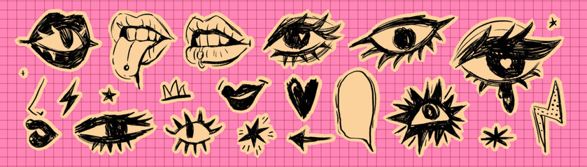 Hand Drawn Doodle Sticker Collage Elements Set with Eyes Lips Hearts and Scribble Shapes in Paper Retro Style